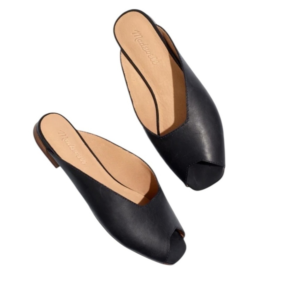 Madewell Black Leather Peep-Toe Slide Mules with Tan Insole
